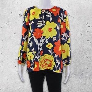J.Crew Floral Blouse Tie-Back Long Sleeves Lightweight Silk Navy/Multicolor W 8P